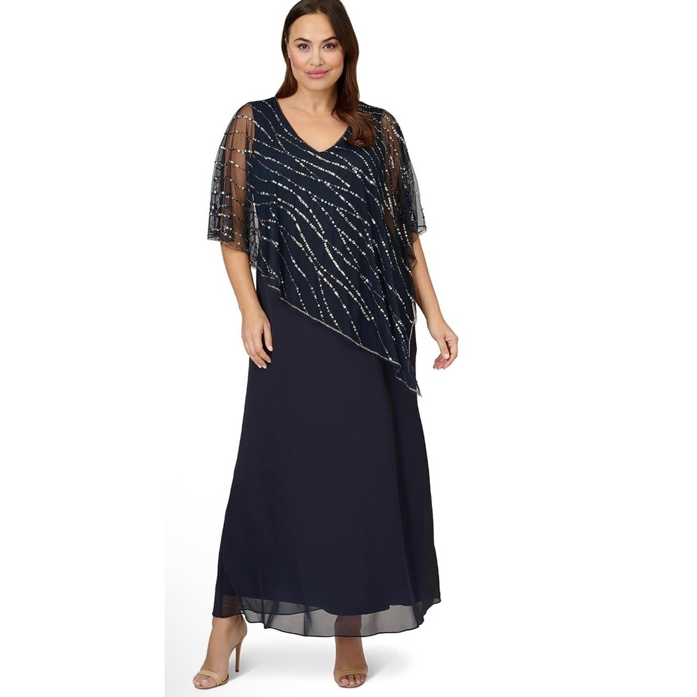 Adrianna Papell Midnight Blue Beaded Popover Midi Dress 6 AP1E210218 NWT